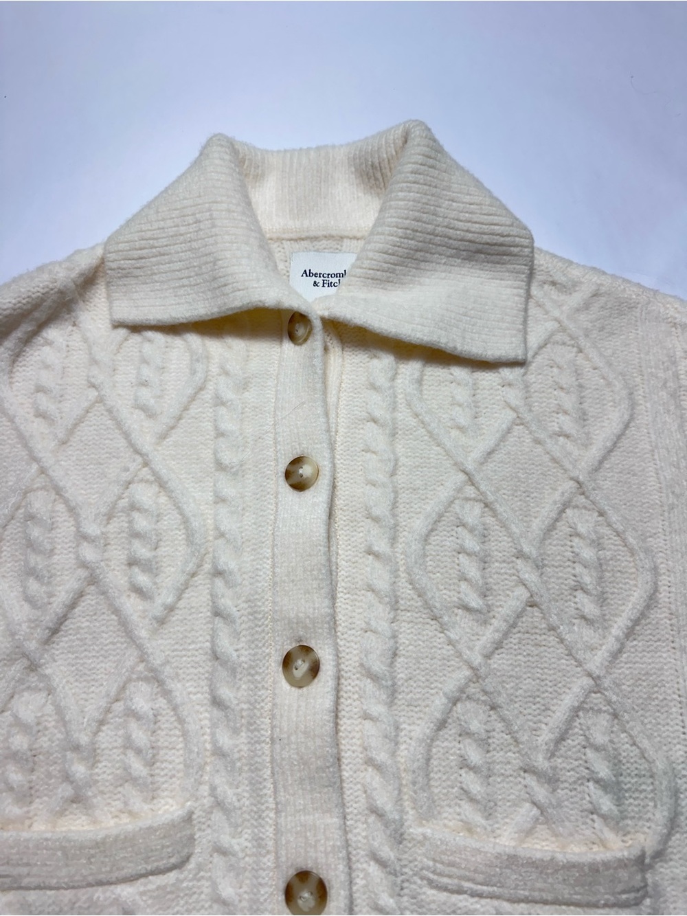 Abercrombie & Fitch Ivory Cable Knit Collared Cardigan Sweater - Picture 10 of 12